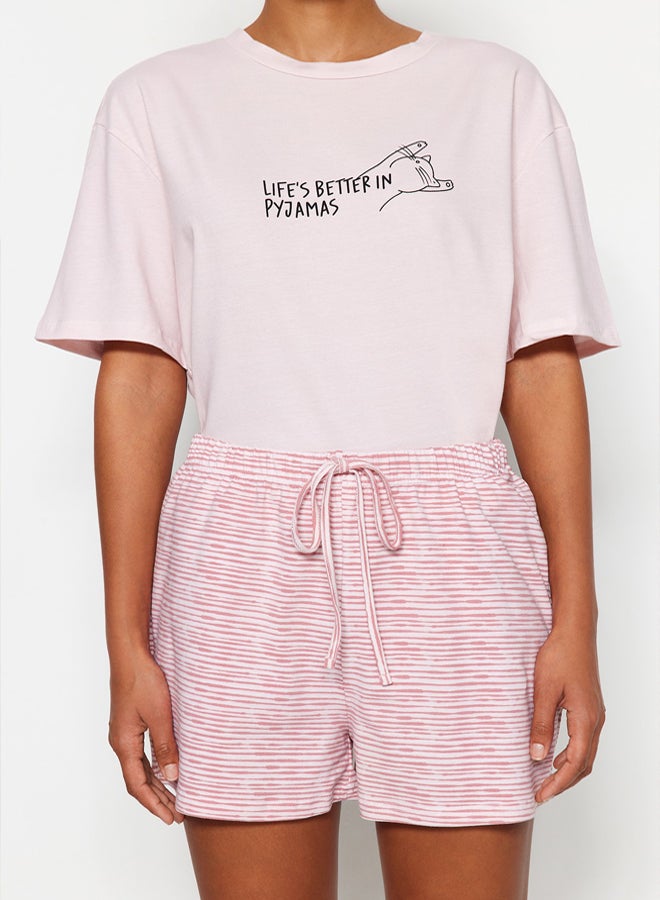 trendyol Powder Cotton Striped Slogan Printed Shorts Knitted Pajama Set  - Image 3