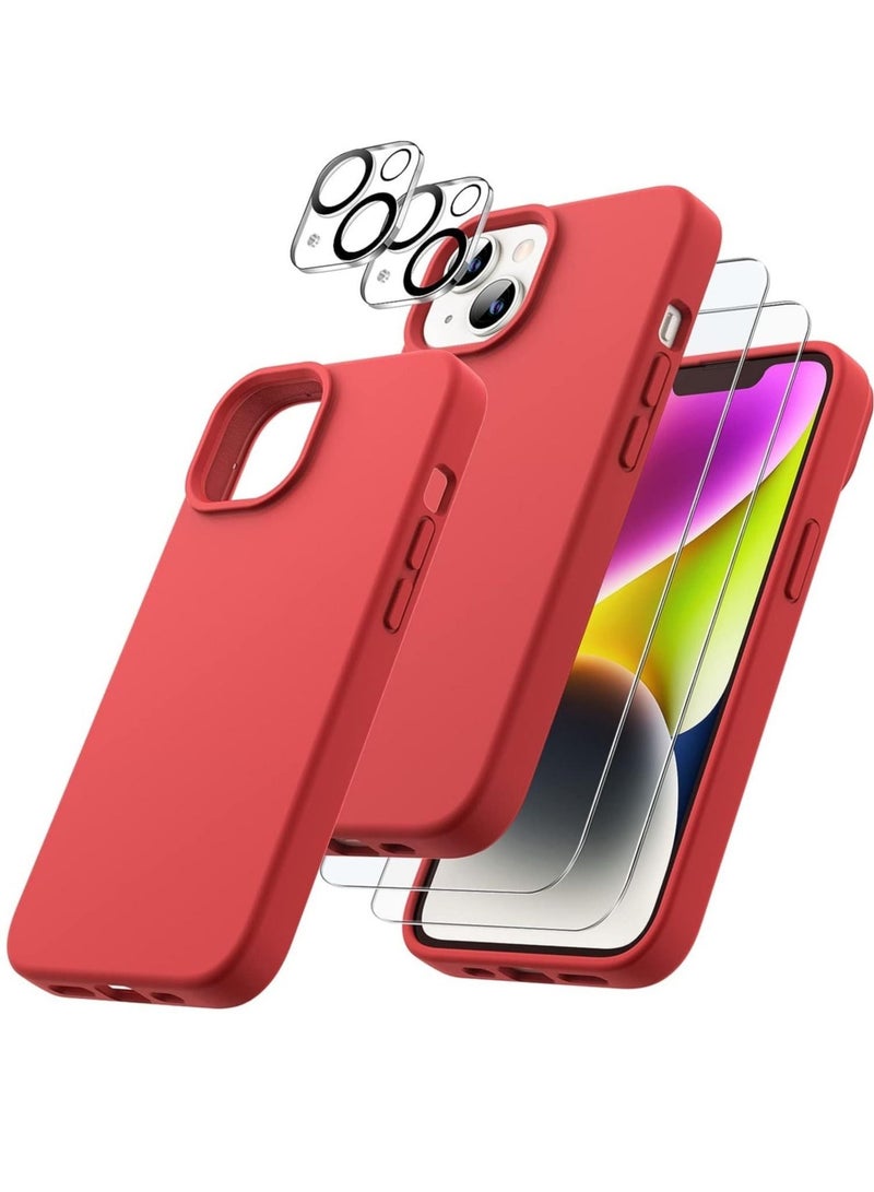 ELTRAZONE 3 in 1 Silicone Case for iPhone 14 Plus 6.7-inch, with 2-Pack Screen Protector and 2-Pack Camera Lens Protector, Full Coverage Tempered Glass Film, Shockproof Phone Cover (Red) - Image 1