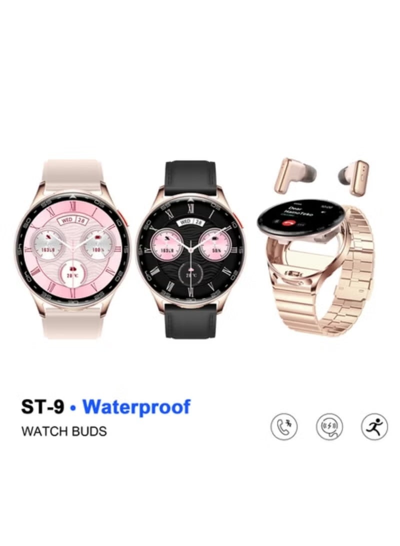 هينو تيكو ساعة HainoTeko الذكية النسائية باللون الوردي مع سماعات أذن مدمجة طراز ST-9، سماعات أذن لاسلكية، شاشة AMOLED مقاومة للماء، تدعم الاتصال عبر البلوتوث، تأتي مع 3 أحزمة - Image 1