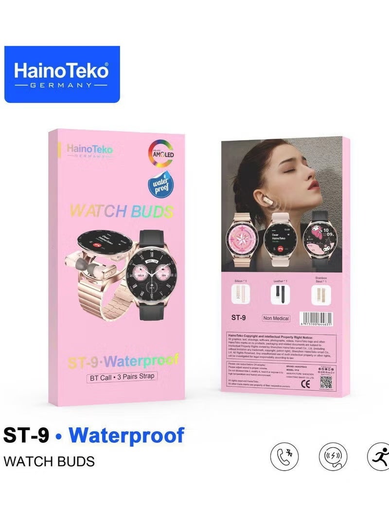 هينو تيكو ساعة HainoTeko الذكية النسائية باللون الوردي مع سماعات أذن مدمجة طراز ST-9، سماعات أذن لاسلكية، شاشة AMOLED مقاومة للماء، تدعم الاتصال عبر البلوتوث، تأتي مع 3 أحزمة - Image 3