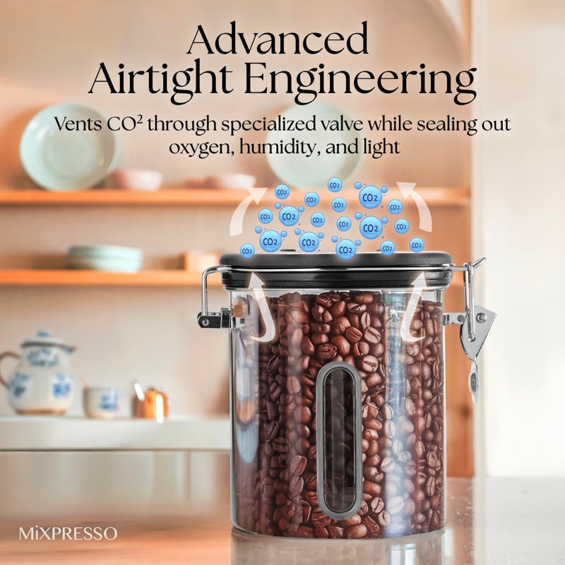 Mixpresso 16 Oz Stainless Steel Coffee Canister with Scoop and Window â€“ Airtight Coffee Container with CO2 Valve for Bean Storage, Date Tracker Lid - Image 5