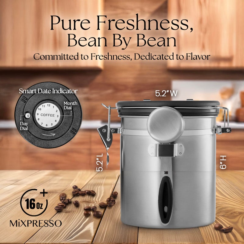 Mixpresso 16 Oz Stainless Steel Coffee Canister with Scoop and Window â€“ Airtight Coffee Container with CO2 Valve for Bean Storage, Date Tracker Lid - Image 3