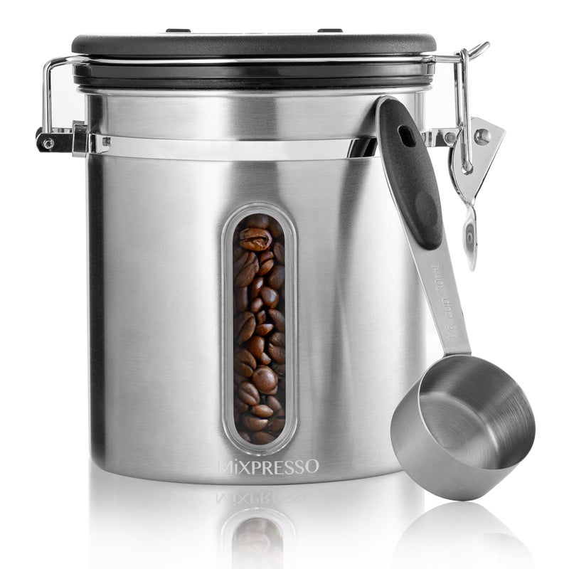 Mixpresso 16 Oz Stainless Steel Coffee Canister with Scoop and Window â€“ Airtight Coffee Container with CO2 Valve for Bean Storage, Date Tracker Lid - Image 1