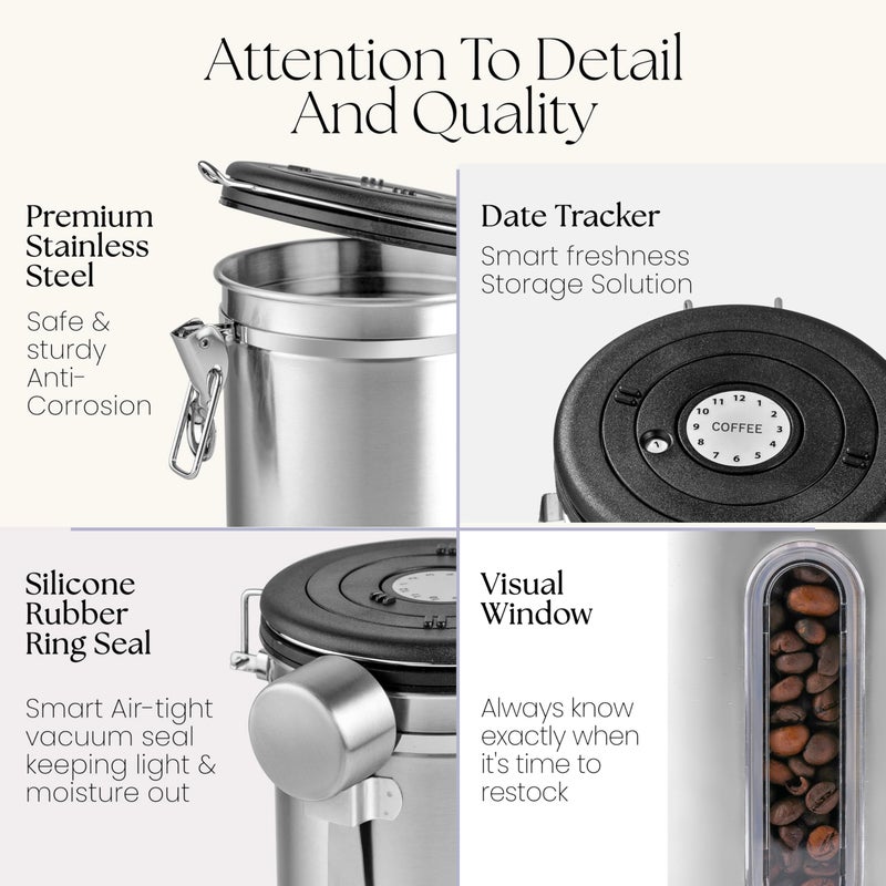 Mixpresso 16 Oz Stainless Steel Coffee Canister with Scoop and Window â€“ Airtight Coffee Container with CO2 Valve for Bean Storage, Date Tracker Lid - Image 2