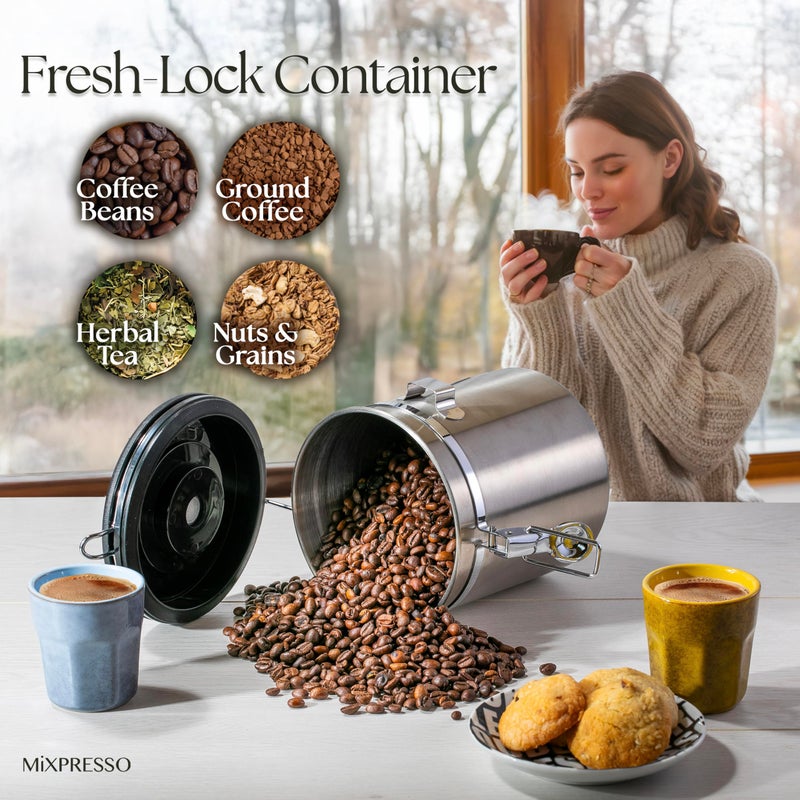Mixpresso 16 Oz Stainless Steel Coffee Canister with Scoop and Window â€“ Airtight Coffee Container with CO2 Valve for Bean Storage, Date Tracker Lid - Image 4