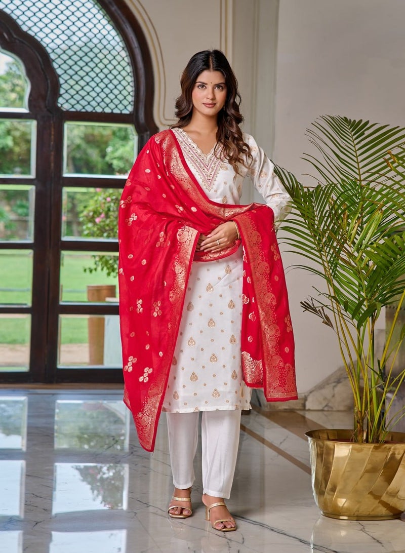 Women's embroidered White & Pink Kurti with pant and dupatta Set  - Image 1