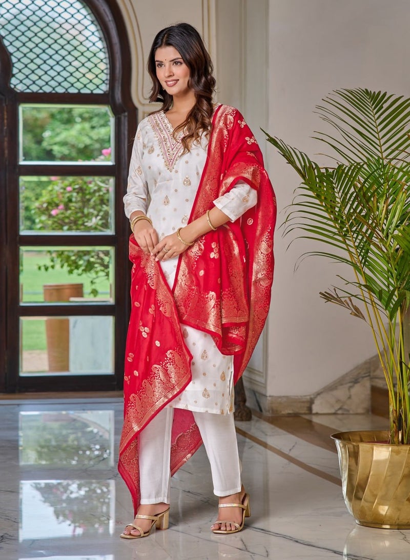 Women's embroidered White & Pink Kurti with pant and dupatta Set  - Image 2