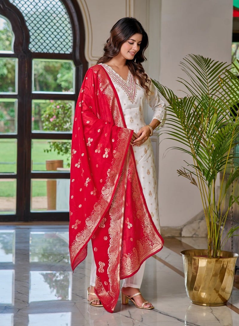Women's embroidered White & Pink Kurti with pant and dupatta Set  - Image 3