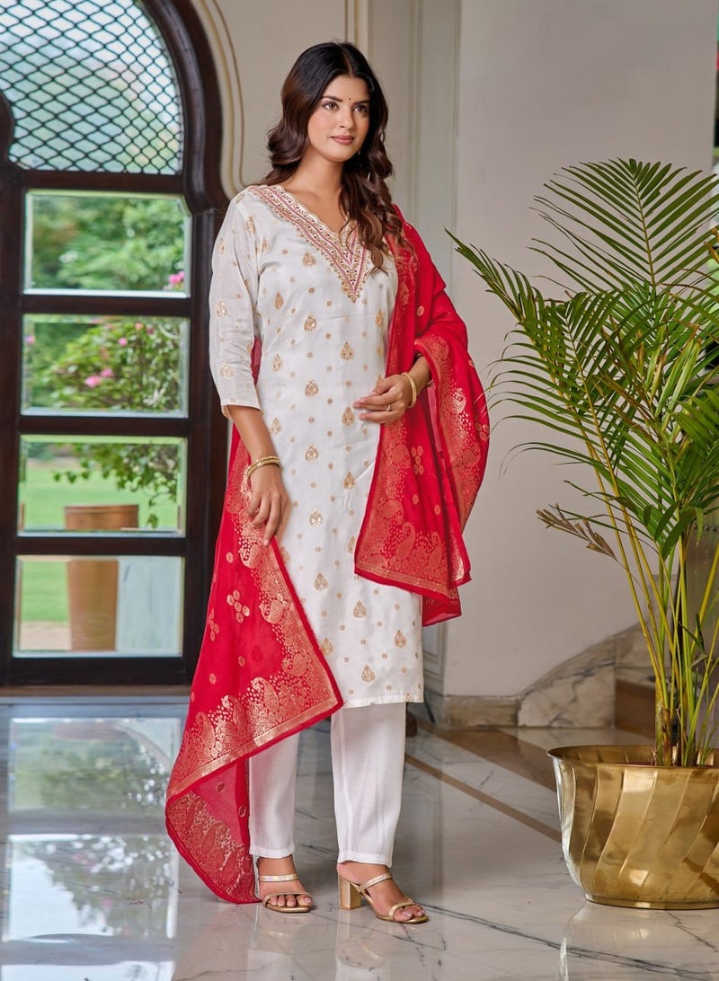 Women's embroidered White & Pink Kurti with pant and dupatta Set  - Image 4