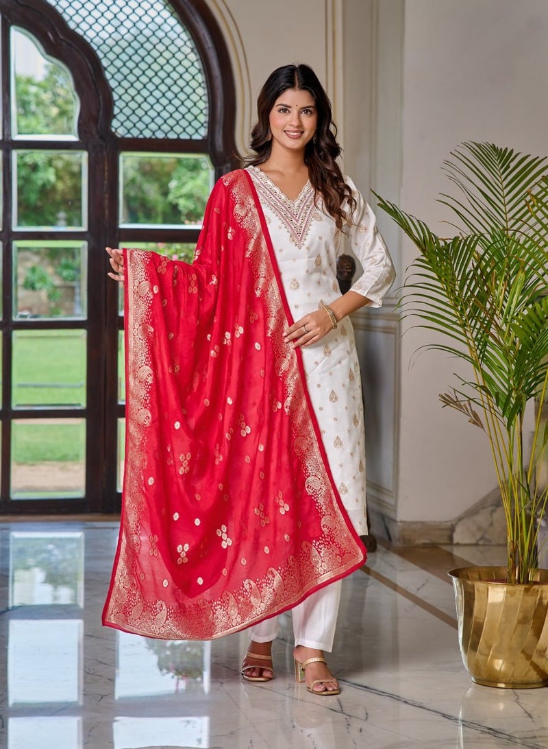 Women's embroidered White & Pink Kurti with pant and dupatta Set  - Image 5