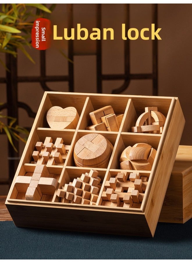 Kongming Lock Luban Lock Complete Set Luban Lock Hole Toy Plum Blossom Drawing Adult High Difficulty 12-year-old Building Blocks-Color:Beech Set B Nine-piece Simple Set Advanced, Primary School