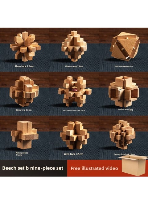 Kongming Lock Luban Lock Complete Set Luban Lock Hole Toy Plum Blossom Drawing Adult High Difficulty 12-year-old Building Blocks-Color:Beech Set B Nine-piece Simple Set Advanced, Primary School