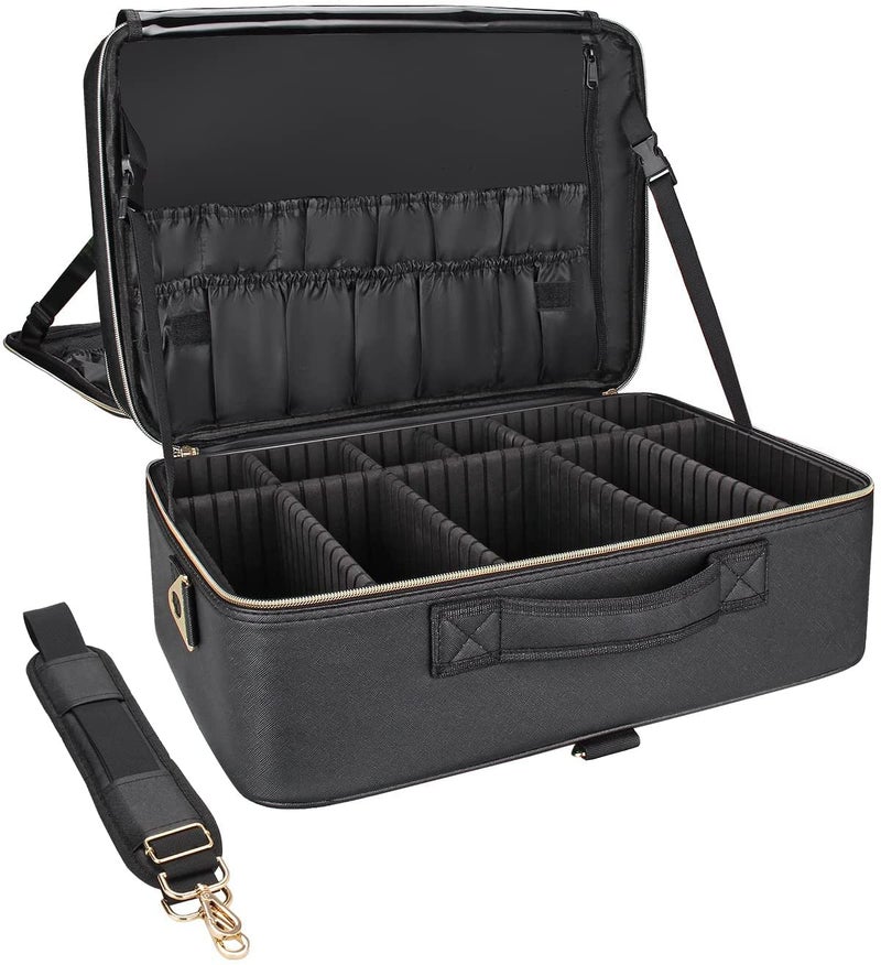 Relavel Extra Large Makeup Case Travel Makeup Bag Professional Leather Artist Bag Portable Cosmetic Brush Holder Organizer Nail Organizer Box with Adjustable Dividers - Image 1
