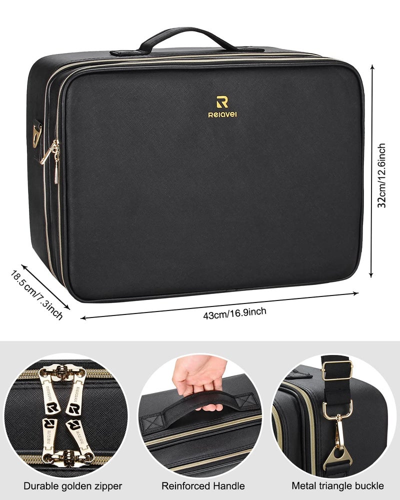 Relavel Extra Large Makeup Case Travel Makeup Bag Professional Leather Artist Bag Portable Cosmetic Brush Holder Organizer Nail Organizer Box with Adjustable Dividers - Image 4