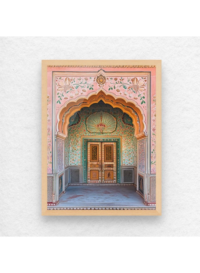آرت دیکور  لوحة فنية مؤطرة بطباعة راقية لباب قصر هندي، بتصميم معماري راجستاني وقوس مغولي يعكس التراث الثقافي، ديكور جداري أنيق لغرفة المعيشة أو النوم أو المكتب أو المنزل أو الفندق أو الاستوديو. - Image 1