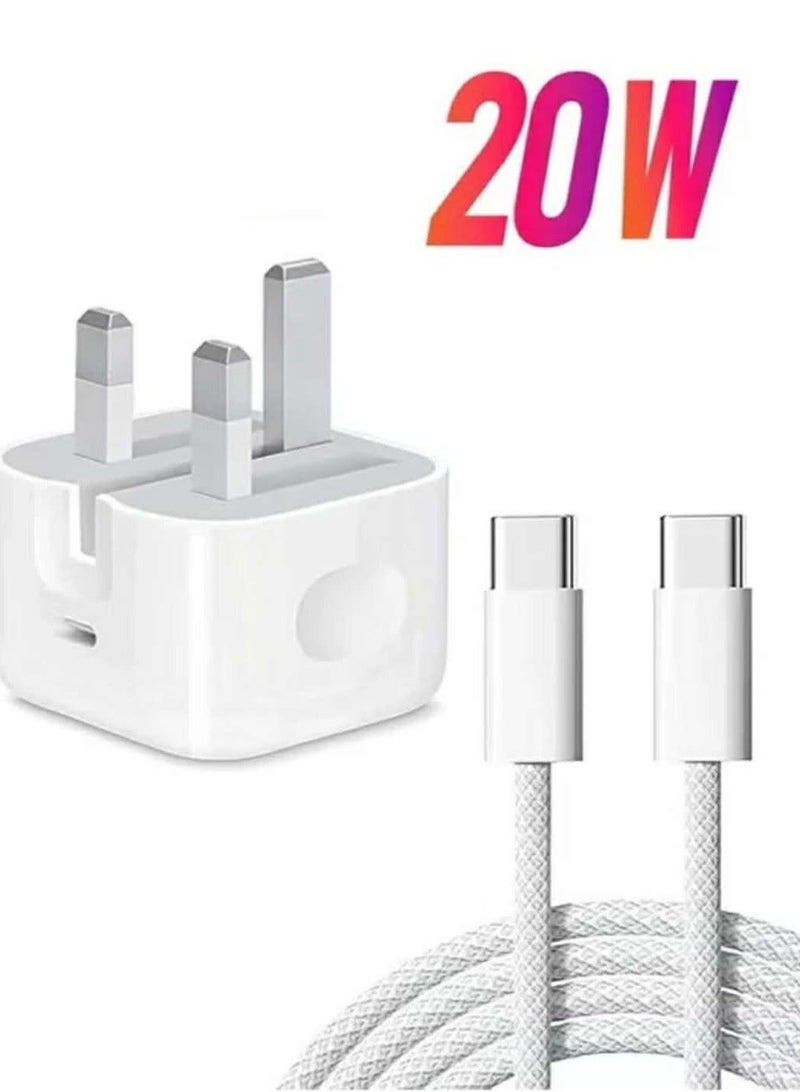 شاحن سريع 20 واط | شاحن جداري سريع USB-C مع سلك شحن من النوع C بطول 1 متر، متوافق مع أجهزة iPhone 16/15/Pro Max/Pro/Plus وجميع الهواتف المحمولة من النوع C - Image 1