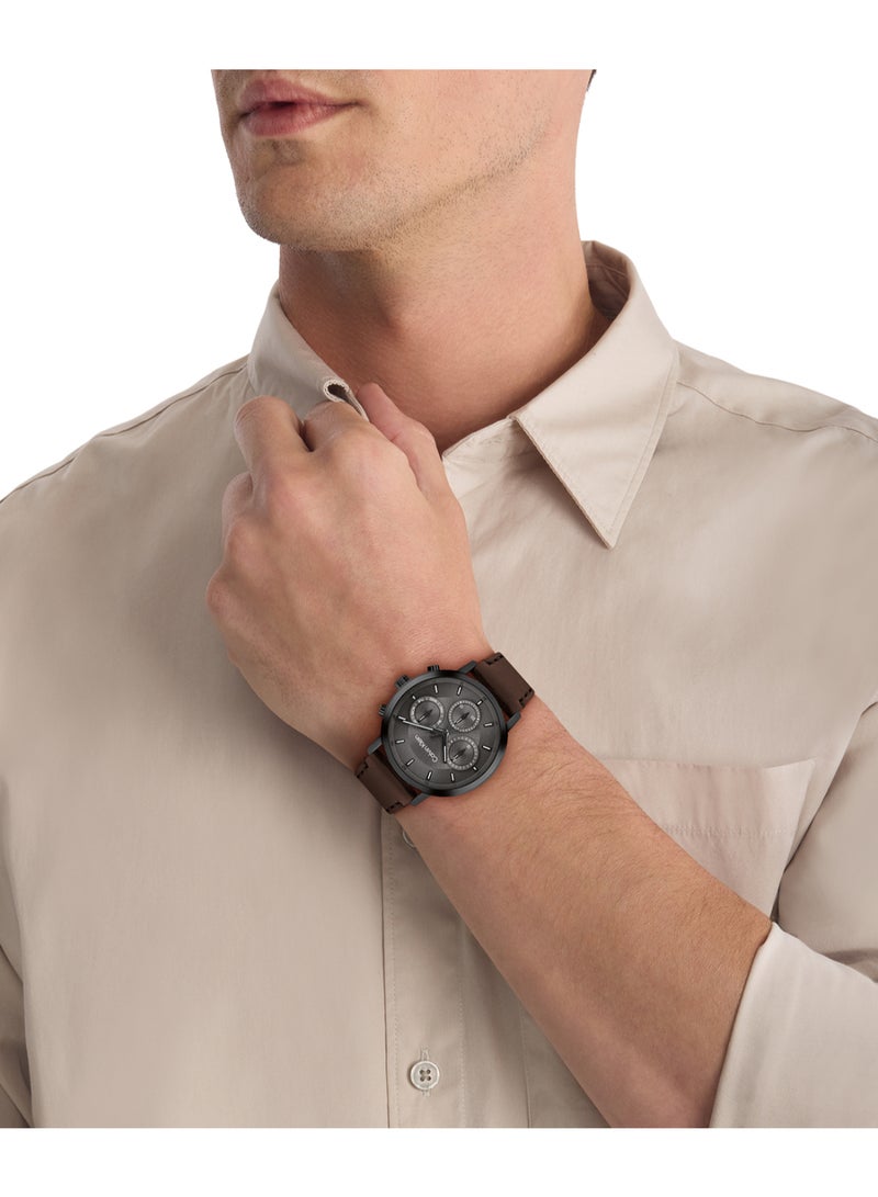 Calvin Klein Analogue Multifunction Quartz Watch for Men GAUGE Collection with Brown Leather Strap - 25200498 - Image 2