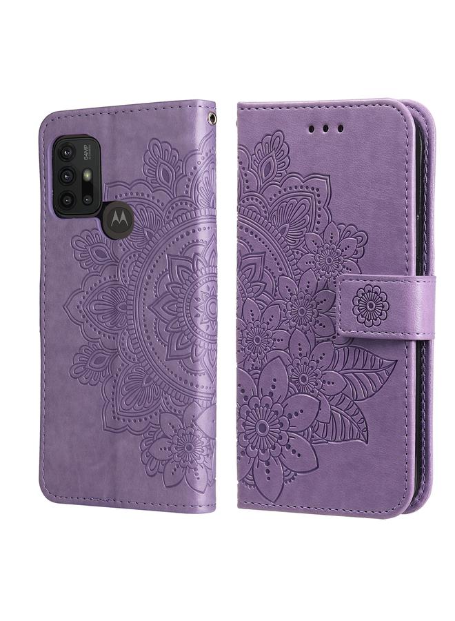 اس-توب جراب جلدي من البولي يوريثان قابل للطي أفقيًا بنقش زهور 7 بتلات مع حامل وفتحات للبطاقات ومحفظة وإطار صورة لهاتف Motorola Moto G30 / G10 / G10 Power / G20 - Image 1