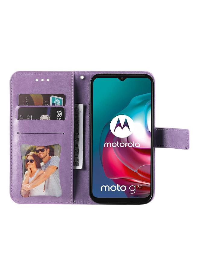 اس-توب جراب جلدي من البولي يوريثان قابل للطي أفقيًا بنقش زهور 7 بتلات مع حامل وفتحات للبطاقات ومحفظة وإطار صورة لهاتف Motorola Moto G30 / G10 / G10 Power / G20 - Image 4