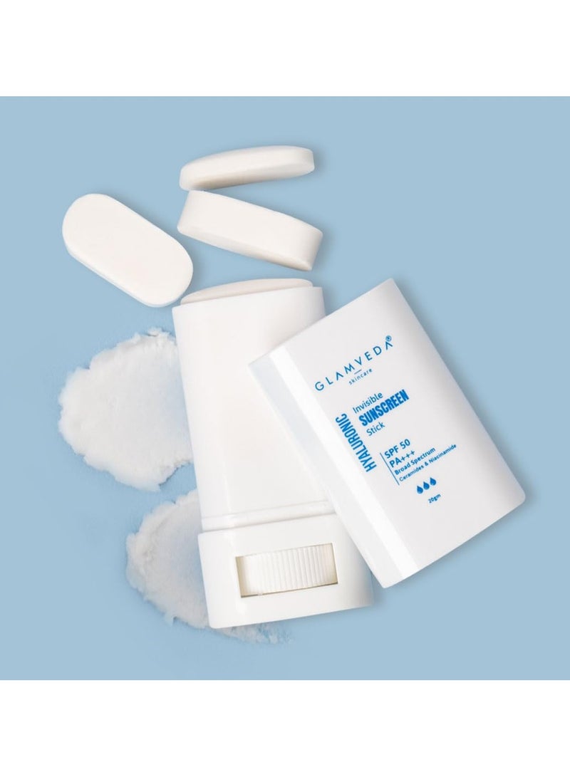 Glamveda hyaluronic invisible sunscreen stick spf 50 pa plus plus plus blue light filter hydrating with hyaluronic acid and ceramides dewy finish easy use uva uvb protection 20g - Image 1