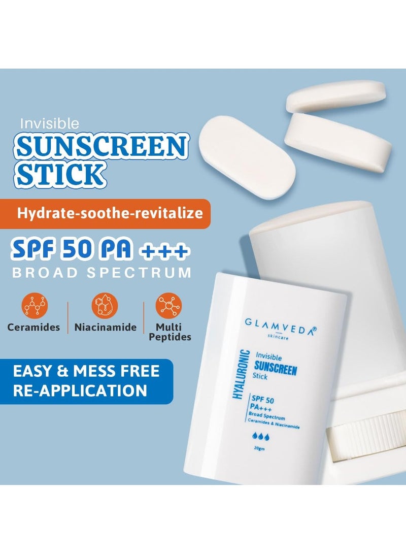 Glamveda hyaluronic invisible sunscreen stick spf 50 pa plus plus plus blue light filter hydrating with hyaluronic acid and ceramides dewy finish easy use uva uvb protection 20g - Image 2