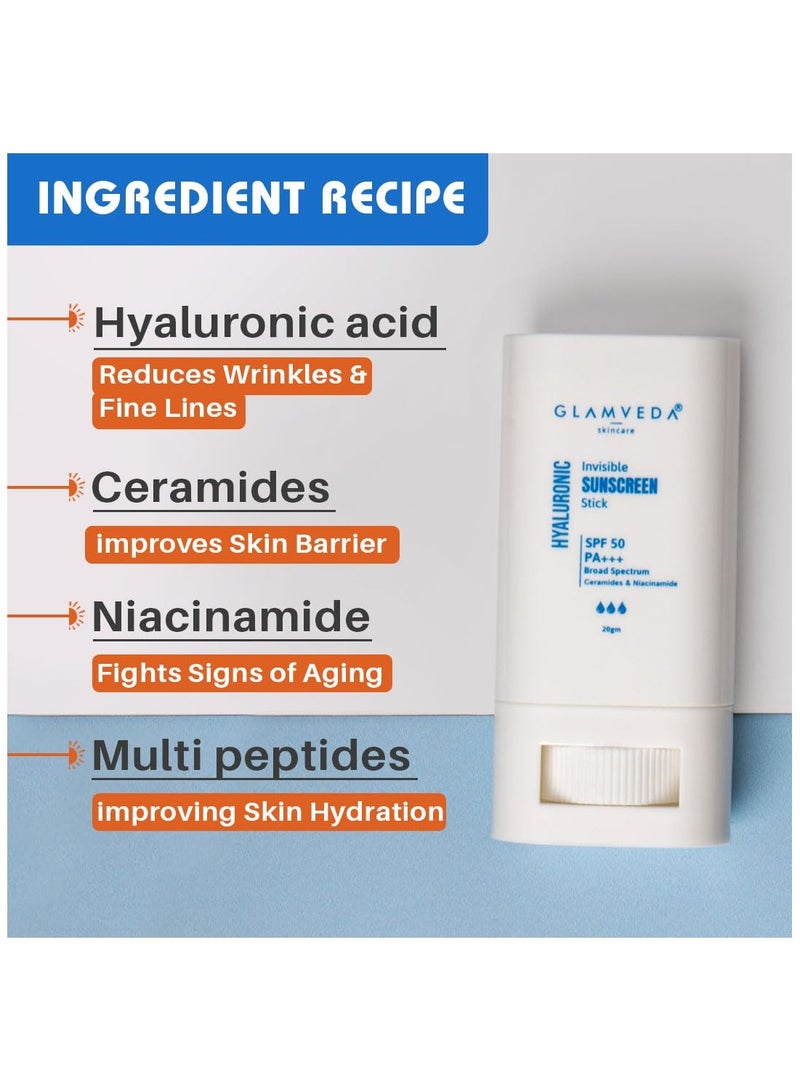 Glamveda hyaluronic invisible sunscreen stick spf 50 pa plus plus plus blue light filter hydrating with hyaluronic acid and ceramides dewy finish easy use uva uvb protection 20g - Image 3
