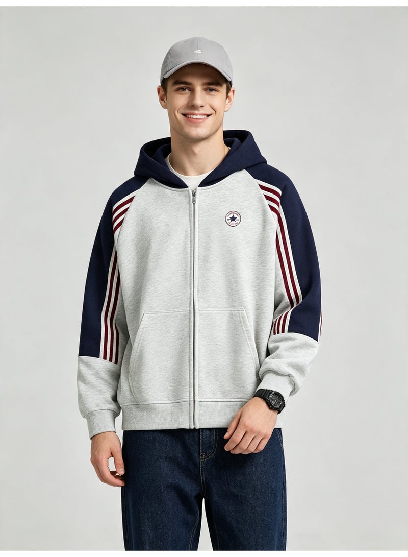 Converse men and women with matching color hooded striped raglan sleeve zipper jacket - Image 1