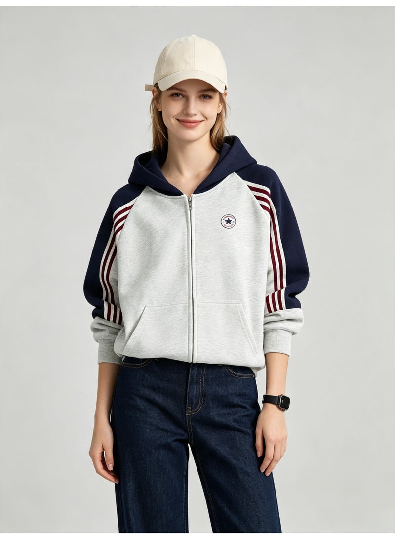 Converse men and women with matching color hooded striped raglan sleeve zipper jacket - Image 4
