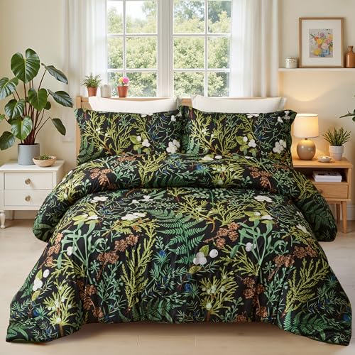 keensoft King Comforter Set - 3 Pieces Botanical Bedding Comforter Set, 1 Soft Green Plant Flowers Comforter (104"x90") and 2 Pillow Shams(20"x36") Ultra-Soft Comfort Suitable for All Seasons - Image 1