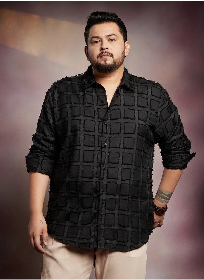 انستافاب بلس Instafab Plus Men's Onyx Black Cubic-Tassel Shirt For Casual Wear | Spread Collar | Long Cuffed Sleeves | Button Closure | Plus Size Shirt Crafted With Comfort Fit For Everyday Wear