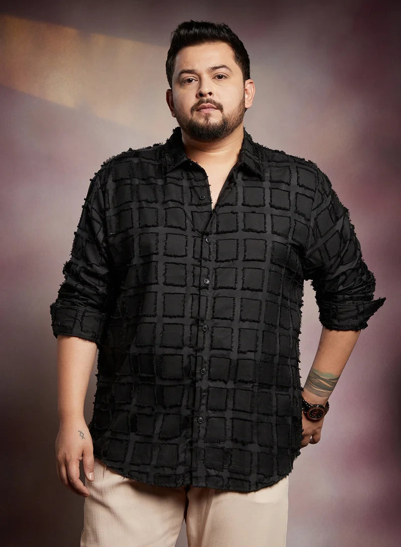 انستافاب بلس Instafab Plus Men's Onyx Black Cubic-Tassel Shirt For Casual Wear | Spread Collar | Long Cuffed Sleeves | Button Closure | Plus Size Shirt Crafted With Comfort Fit For Everyday Wear