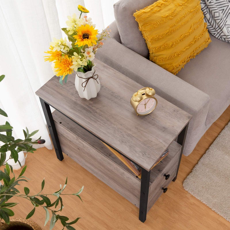 HOOBRO End Table, Narrow Chairside Table with Drawer and Open Storage Shelf, Nightstand for Small Spaces, Stable and Sturdy Construction, Wooden Look Accent Furniture, Greige and Black BG548BZ01G2 - Image 5