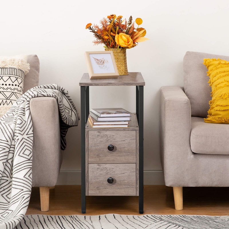 HOOBRO End Table, Narrow Chairside Table with Drawer and Open Storage Shelf, Nightstand for Small Spaces, Stable and Sturdy Construction, Wooden Look Accent Furniture, Greige and Black BG548BZ01G2 - Image 3
