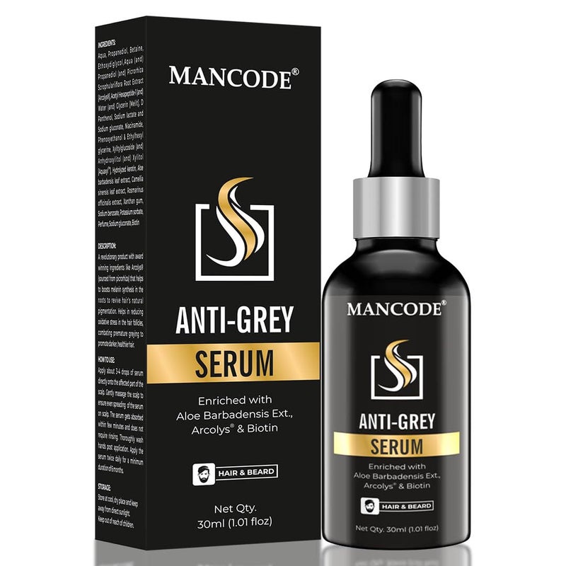 MAN CODE Mancode Anti Grey Serum  Restore Natural Black Color of Grey White Hair  BeardDelay  Reverses GraysStrengthen Hair  Beard Roots Toxin Free For All Hair  Beard Type30ml - Image 1