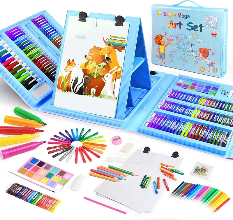 Generic Drawing Kit 208PCS Deluxe Colouring Art Set for Kids 6-12 Drawing & Watercolour Drawing Colouring Pencils for Children Kid Girls Boys (Blue-208PCS)