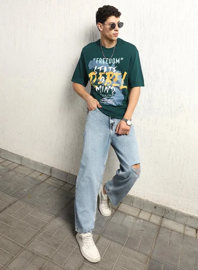 Hubberholme Men's Teal 100% Cotton Printed Relaxed T-Shirt