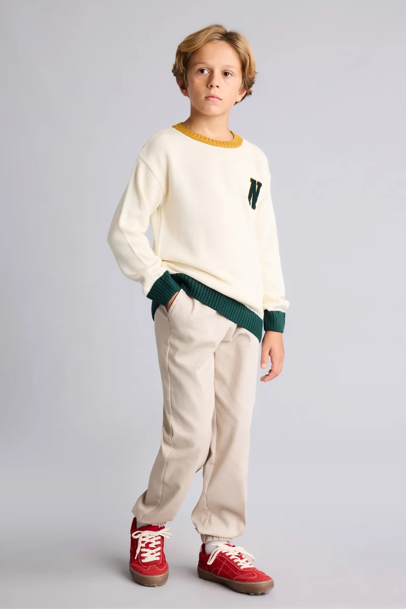 ديفاكتو Boy Oversize Crew Neck Embroidered Knit Pullover