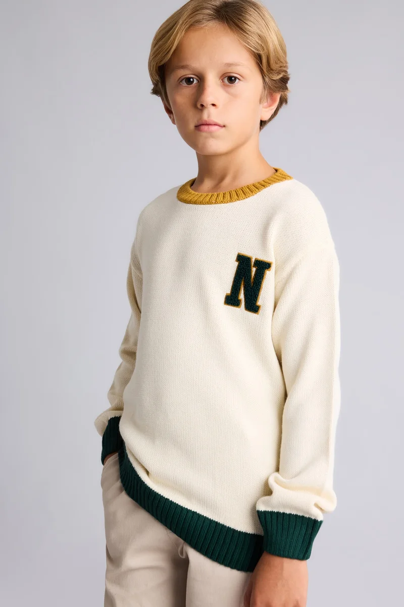 ديفاكتو Boy Oversize Crew Neck Embroidered Knit Pullover