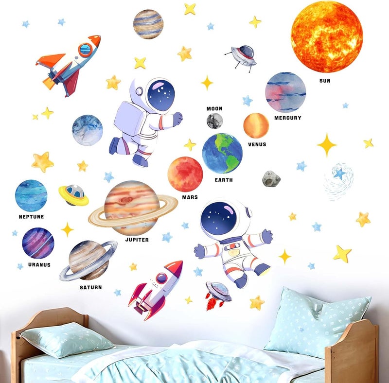 ARS Outer Space Wall Stickers for Kids: Peel and Stick Astronaut Planets Rocket Wall Decals - Wall Decor Art Kids Supplies Ages 1-12 Year - Image 1