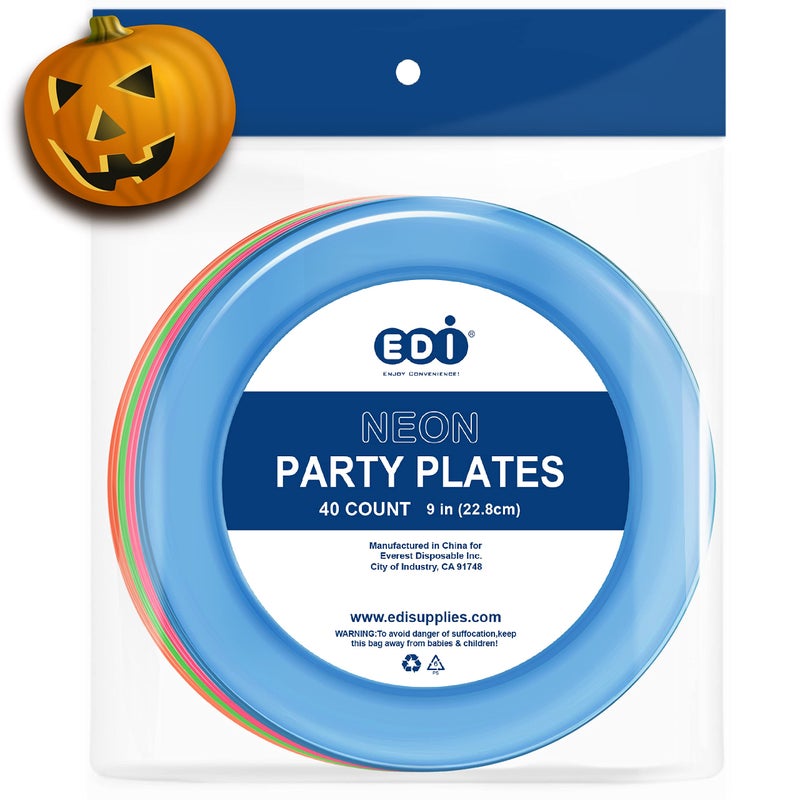EDI Hard Plastic 9Inch Round PartyLuncheon Plates Assorted Neon 40Count 1
