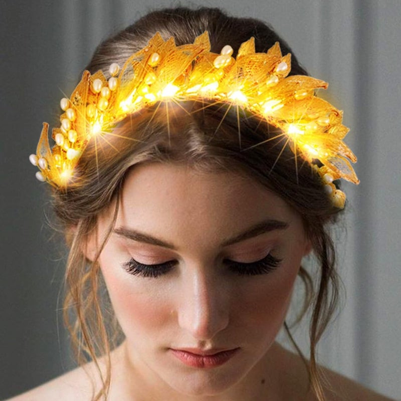 Zoestar Light Up Wedding Headband LED Gold Leaf Headbands Goddess Headpiece Pearl Bridal Hair Accessories for Women