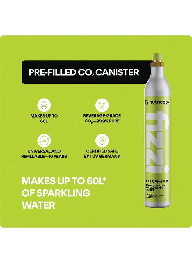 nutricook Fizzi CO2 Cylinder, 60L Capacity, Compatible with Multiple Soda Makers, Universal Refillable Canister, Beverage Grade CO2, FCO100-ME, Silver, 10-Year Lifespan  - Image 3