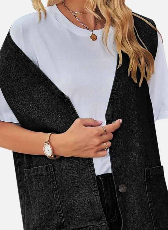 YUNIQEE Black Open front Sleeveless Denim Jacket