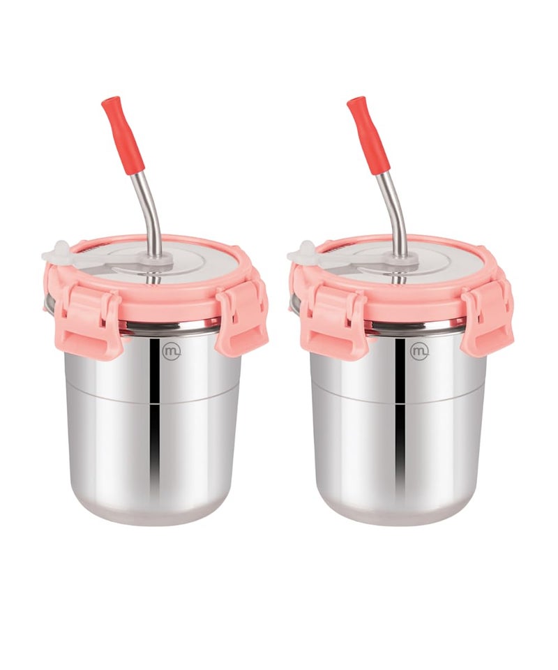 Mishaa 300ml Stainless Steel Tumbler for Kids Set of 2, Stylish Drinkware with Leak-Proof Straw, Secure Lid & Handy Cleaning Brush, Ice Pink - Image 1