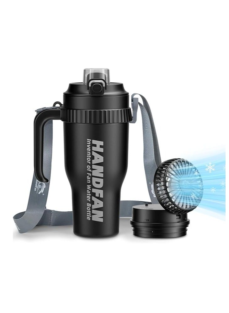 HandFan 3-in-1 Insulated Sport and Gym Water Bottle to 40oz Stainless Steel Tumbler for Golf, Tennis, Fishing and Volleyball with 5000mAh Portable Fan, Handle, Shoulder Strap and Straw (Black) - Image 1
