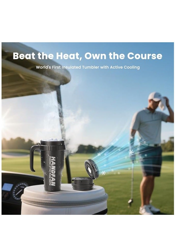 HandFan 3-in-1 Insulated Sport and Gym Water Bottle to 40oz Stainless Steel Tumbler for Golf, Tennis, Fishing and Volleyball with 5000mAh Portable Fan, Handle, Shoulder Strap and Straw (Black) - Image 2