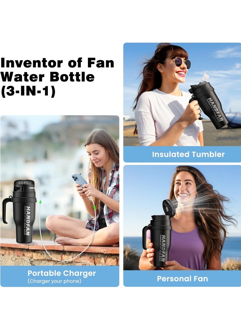 HandFan 3-in-1 Insulated Sport and Gym Water Bottle to 40oz Stainless Steel Tumbler for Golf, Tennis, Fishing and Volleyball with 5000mAh Portable Fan, Handle, Shoulder Strap and Straw (Black) - Image 5