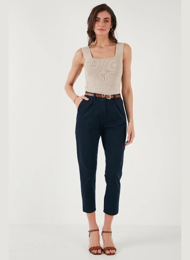 Lela Lela Stretch Cotton Regular Fit High Waist Straight Short Leg Belted Trousers Women's TROUSERS 668YP5335
