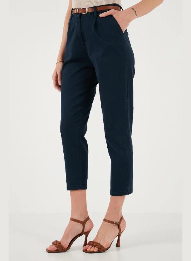 Lela Lela Stretch Cotton Regular Fit High Waist Straight Short Leg Belted Trousers Women's TROUSERS 668YP5335