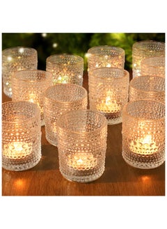 SKYLINK 12 Pack Vintage Glass Votive Candle Holders, Decorative Tealight Candle Cups with Textured Dotted Design, Elegant Glass Candle Jars for Weddings, Home Décor, Parties, and Special Events  - Image 1